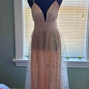 (G)Joyfunear Galaxy Print Crisscross Backless Split Thigh Mesh Cami Formal Dress